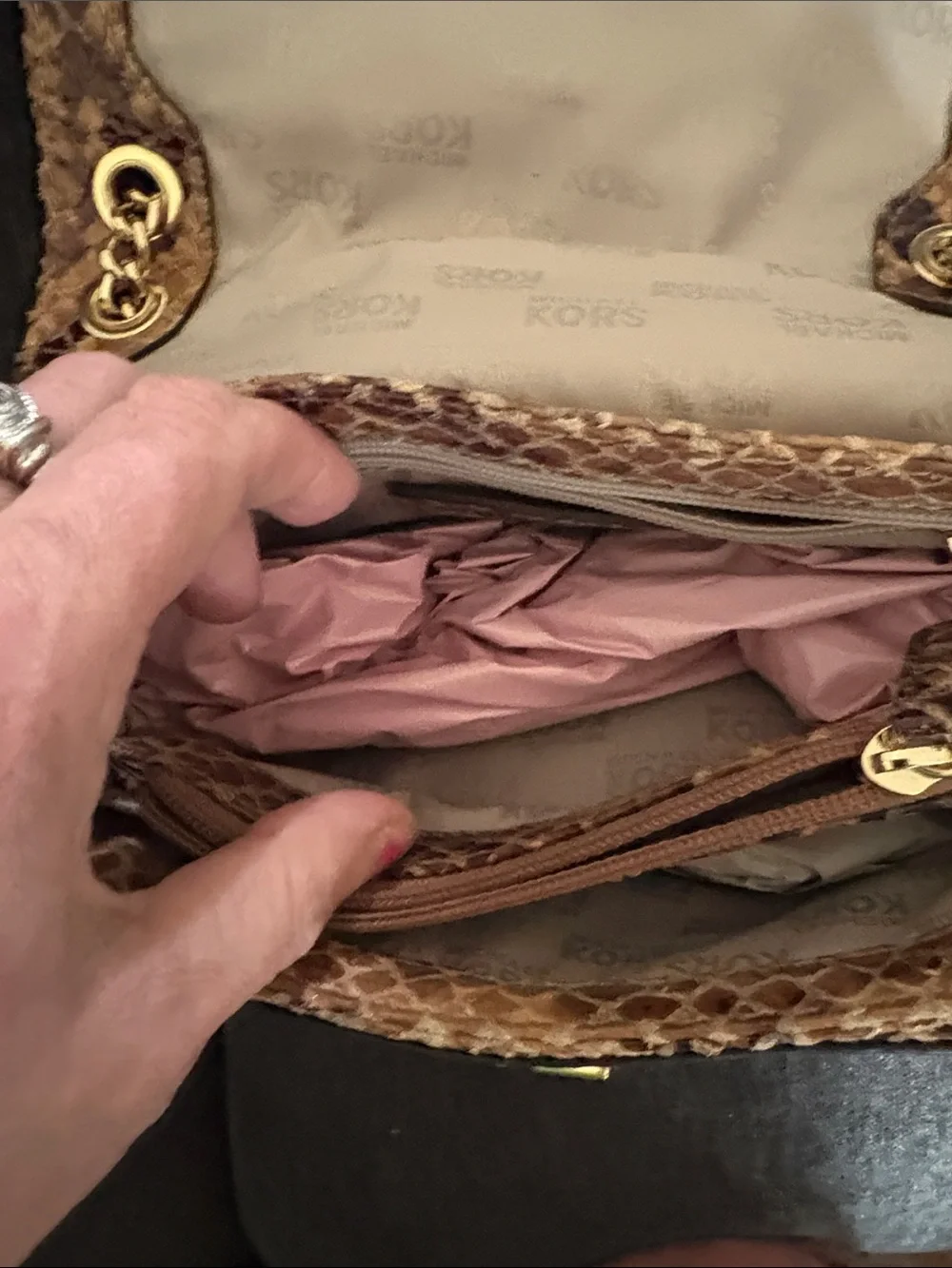 Michael Kors Tan Brown Snake-Print Chain Shoulder Bag
